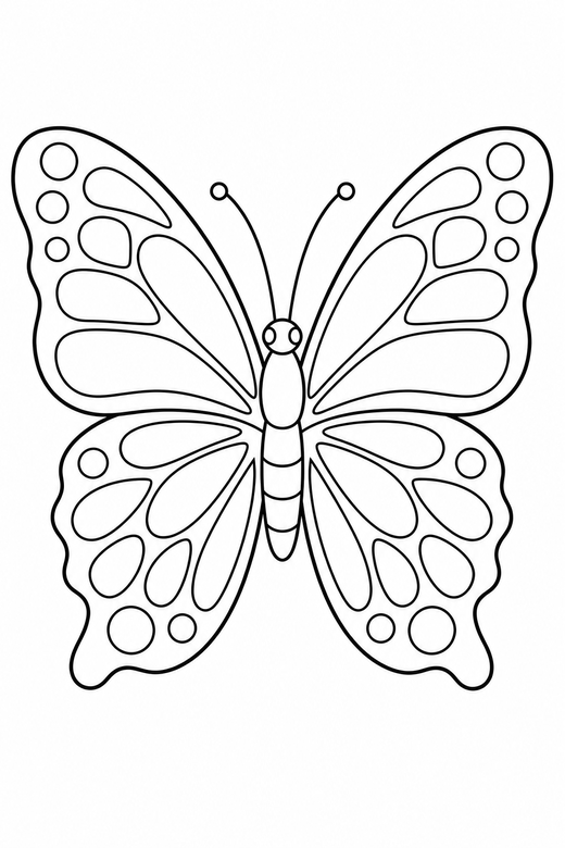 A large butterfly with symmetrical patterned wings spread wide, viewed from above — free printable butterfly coloring page