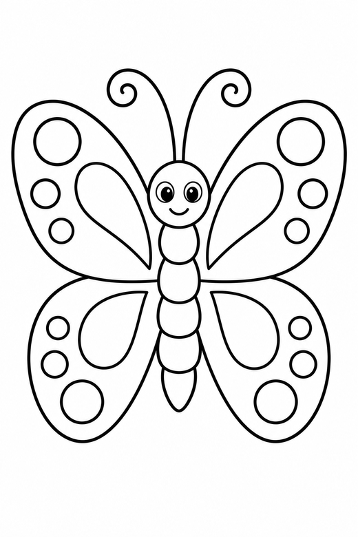 A butterfly with wings decorated in simple circles and teardrops — free printable butterfly coloring page