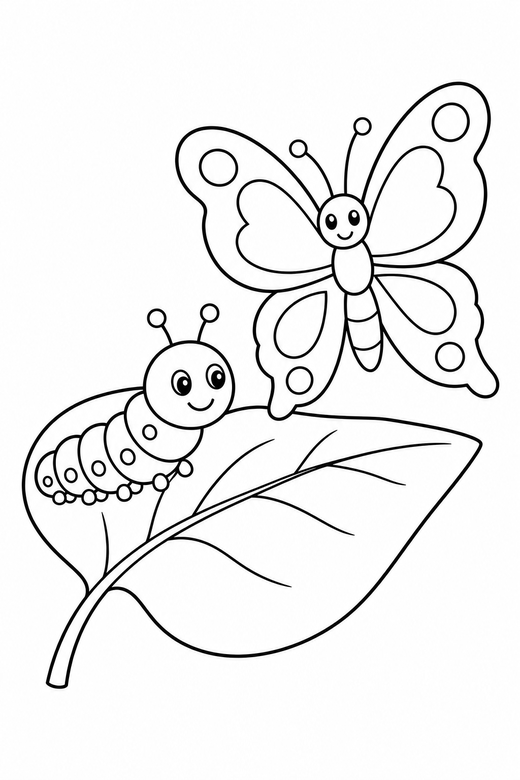 A caterpillar on a leaf beside a butterfly, showing the change — free printable butterfly coloring page