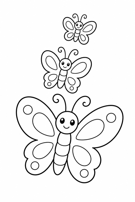 Three small butterflies of different sizes flying upward — free printable butterfly coloring page