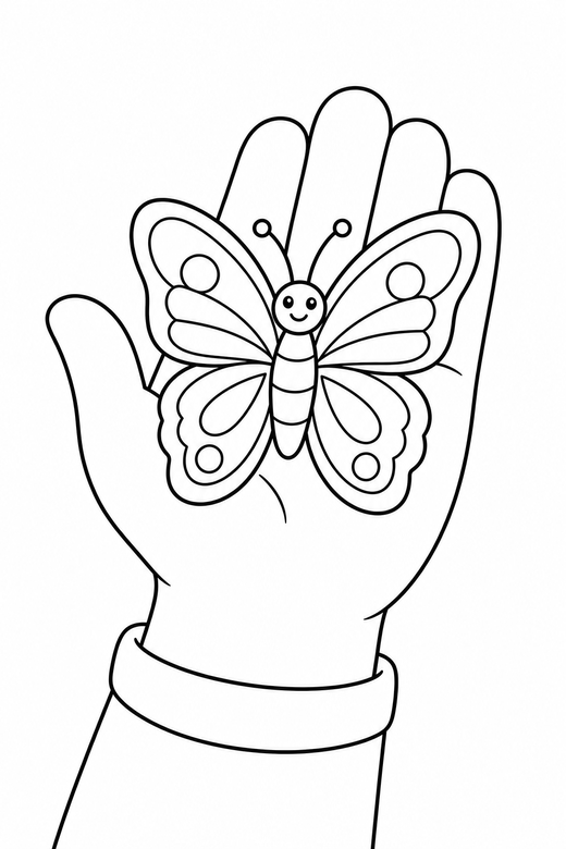 A butterfly on a child hand, simple outstretched palm — free printable butterfly coloring page