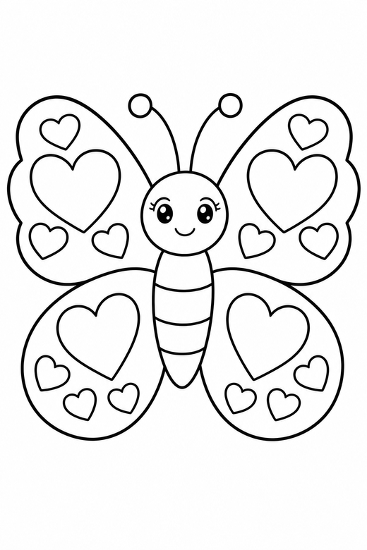 A butterfly with heart shapes patterned on its wings — free printable butterfly coloring page