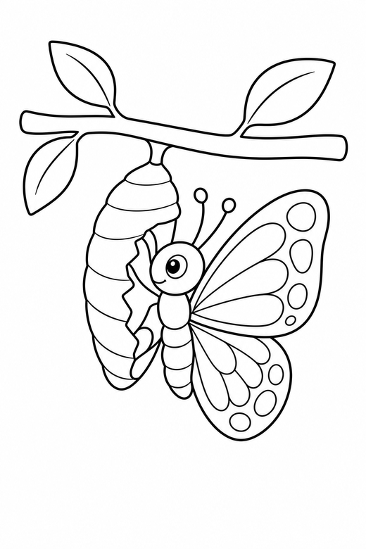 A butterfly emerging from a chrysalis on a twig — free printable butterfly coloring page