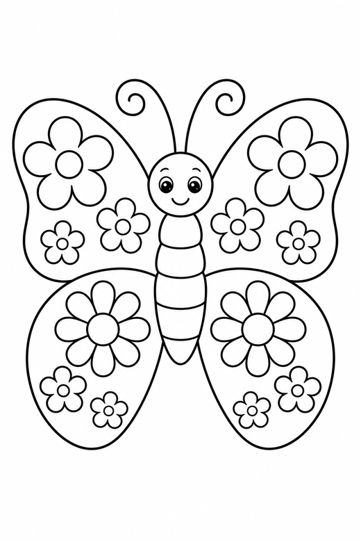 A butterfly with flower shapes filling each wing — free printable butterfly coloring page