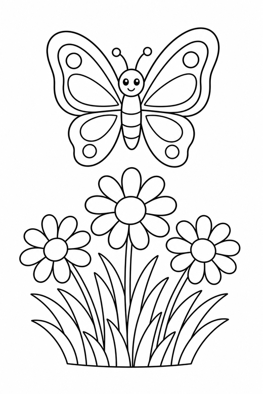A butterfly above a small cluster of grass and daisies — free printable butterfly coloring page