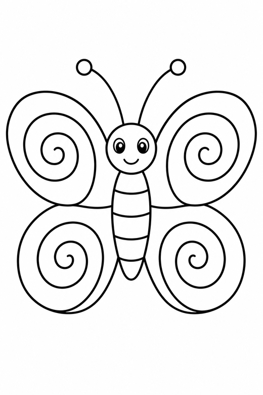 A butterfly with a spiral pattern on each wing — free printable butterfly coloring page