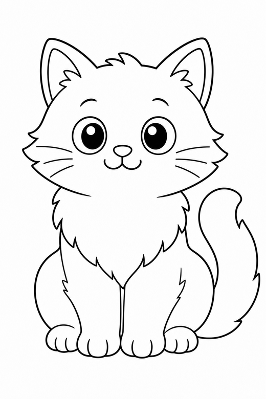 A fluffy cat sitting upright facing forward with big round eyes — free printable cat coloring page