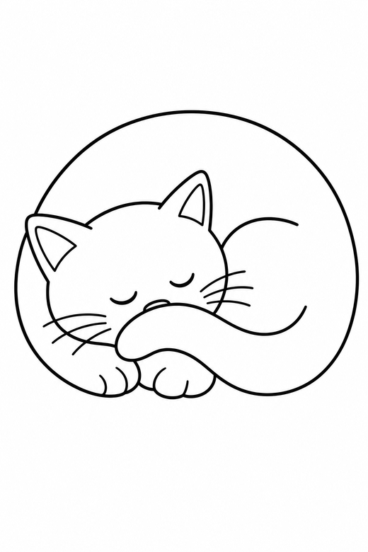 A cat curled up asleep in a circle, tail over its nose — free printable cat coloring page