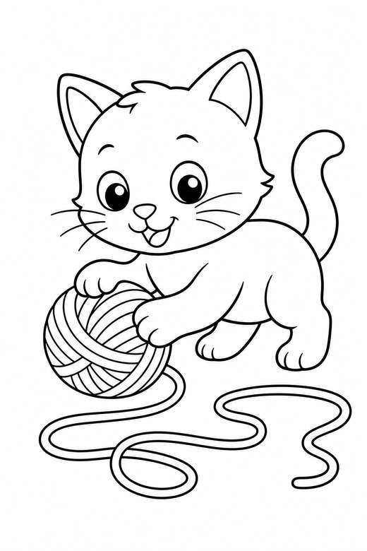 A kitten playing with a ball of yarn that trails across the floor — free printable cat coloring page