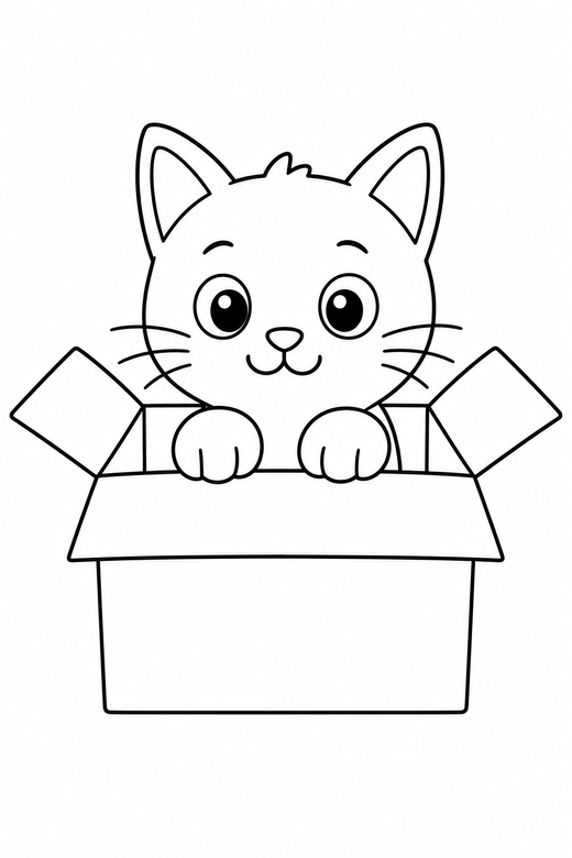 A cat sitting inside an open cardboard box, only its head and paws showing — free printable cat coloring page
