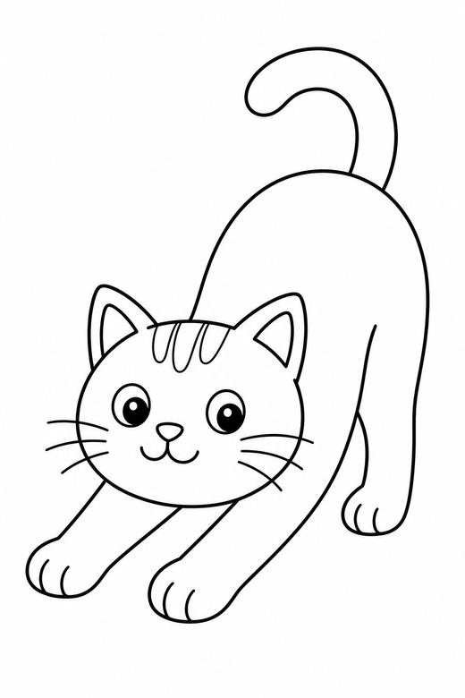 A cat stretching with its front paws forward and back arched — free printable cat coloring page