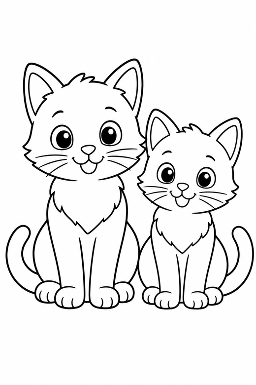 Two kittens sitting side by side, one slightly taller — free printable cat coloring page