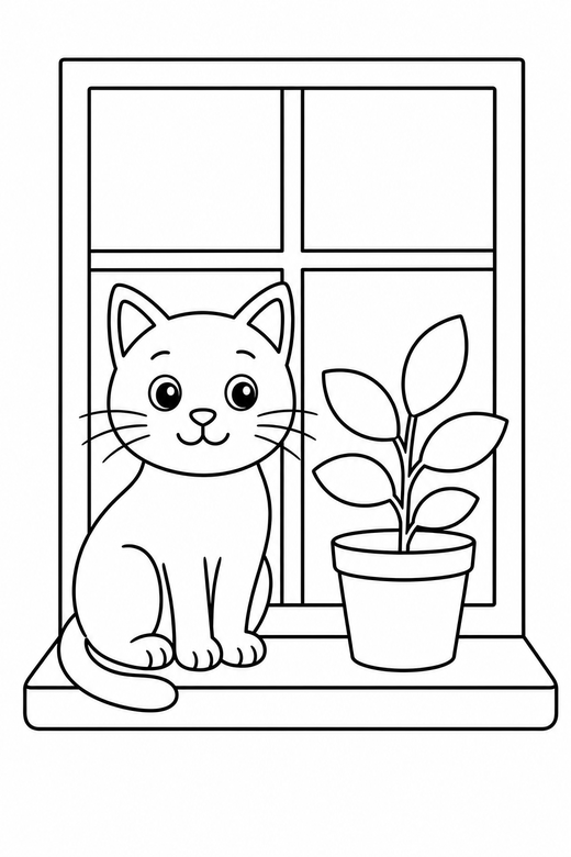 A cat sitting on a windowsill with a simple potted plant beside it — free printable cat coloring page