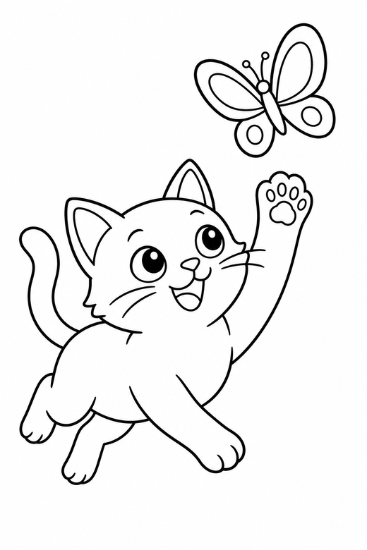 A cat chasing a butterfly, one paw raised in the air — free printable cat coloring page