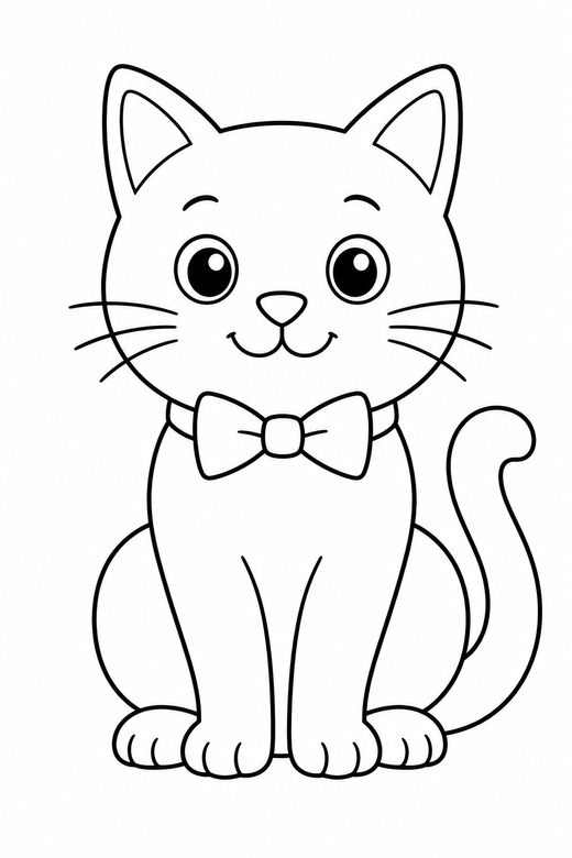 A cat wearing a simple bow tie, sitting politely — free printable cat coloring page