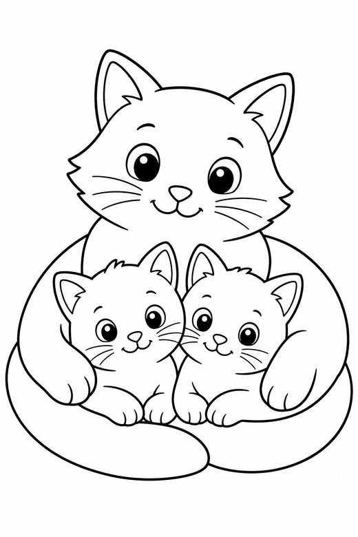 A mother cat with two small kittens nestled against her — free printable cat coloring page