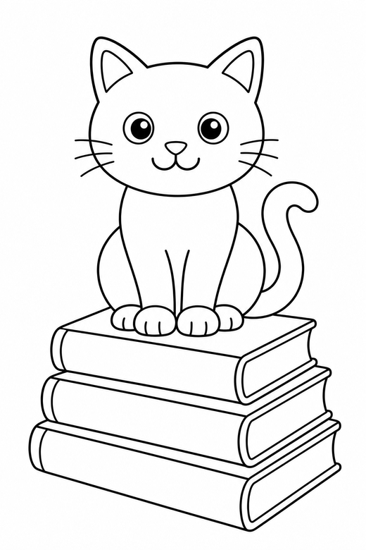 A cat perched on a stack of three books — free printable cat coloring page