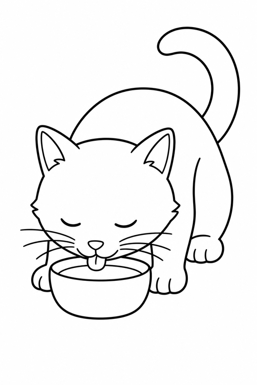 A cat drinking from a small bowl, head lowered — free printable cat coloring page