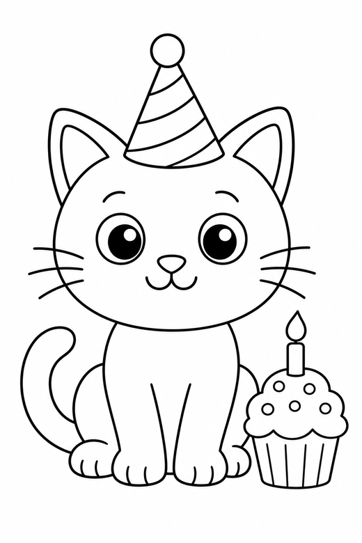 A cat with a party hat beside a small cupcake — free printable cat coloring page
