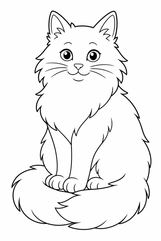 A long-haired cat sitting with a very fluffy tail curled around its feet — free printable cat coloring page