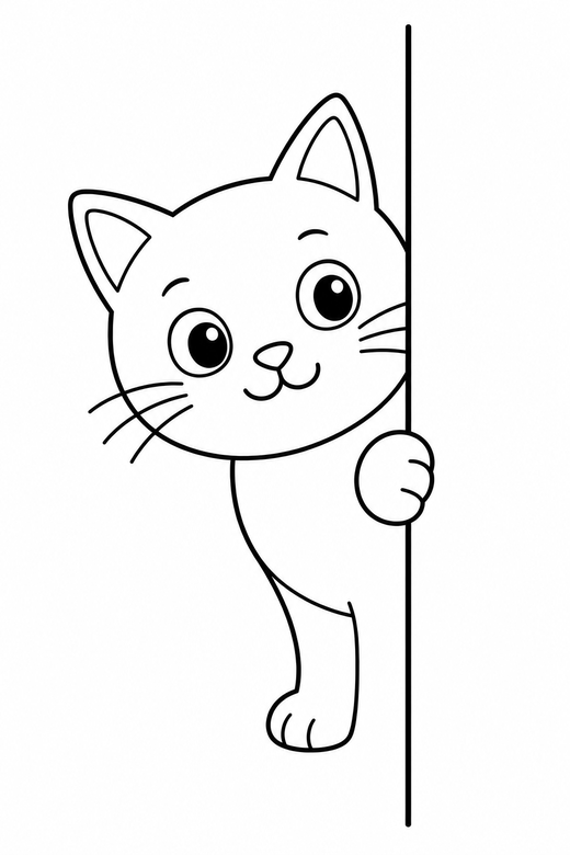 A cat peeking around the corner of a wall, only half its body visible — free printable cat coloring page