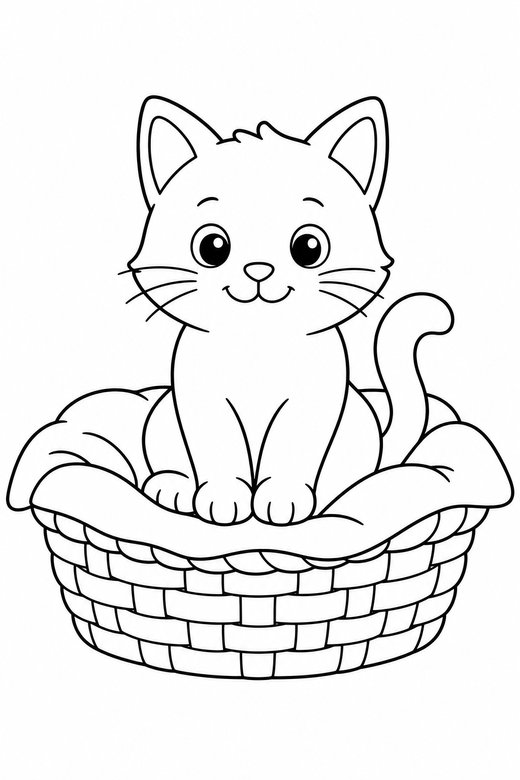 A cat sitting in a basket lined with a simple blanket — free printable cat coloring page