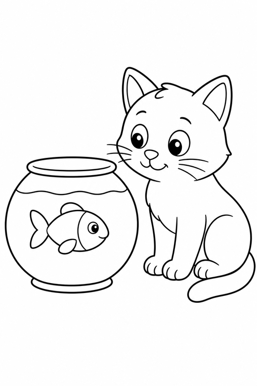 A cat sitting beside a fishbowl looking at a single fish — free printable cat coloring page