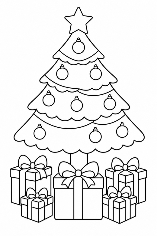 Decorated Christmas tree: A Christmas tree decorated with baubles, a star on top and presents beneath, free printable coloring page