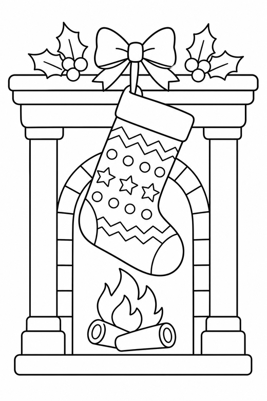 Stocking by the fire: A patterned stocking hanging from a mantelpiece above a fireplace, free printable coloring page