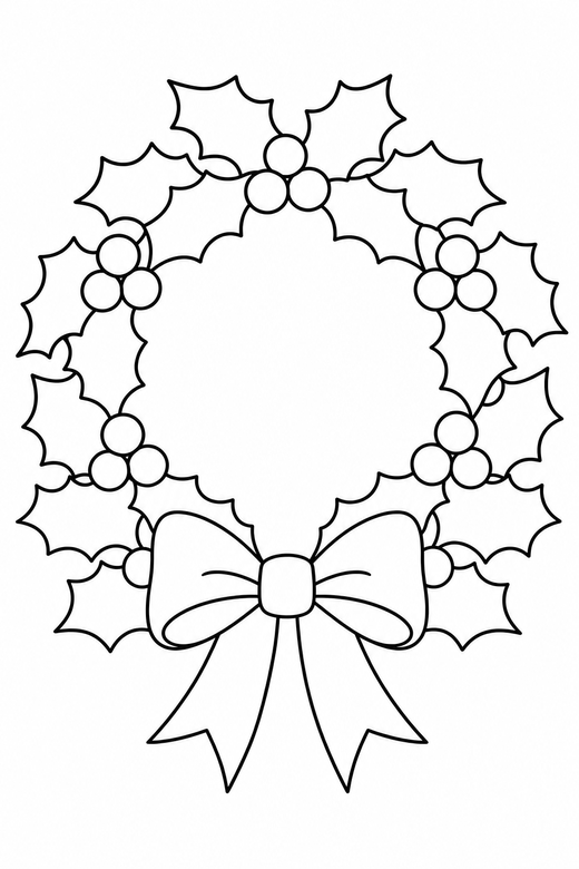 Christmas wreath: A round wreath of holly and berries with a large bow at the bottom, free printable coloring page