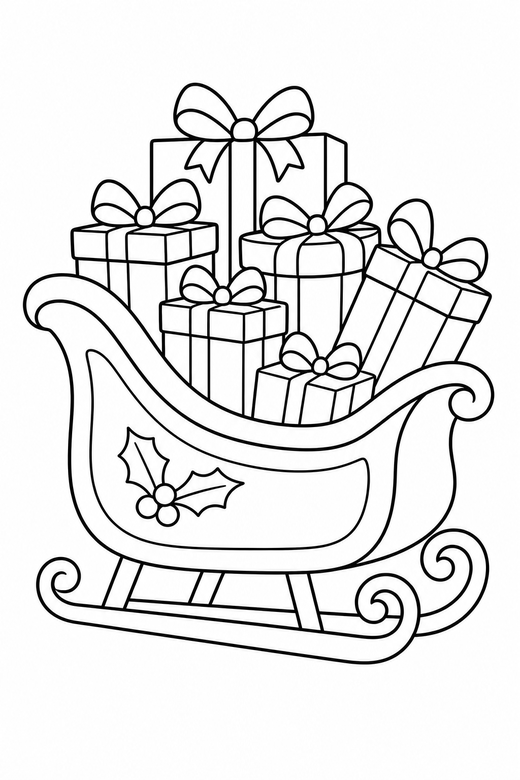 Sleigh full of presents: A sleigh loaded with wrapped presents, runners curling at the front, free printable coloring page