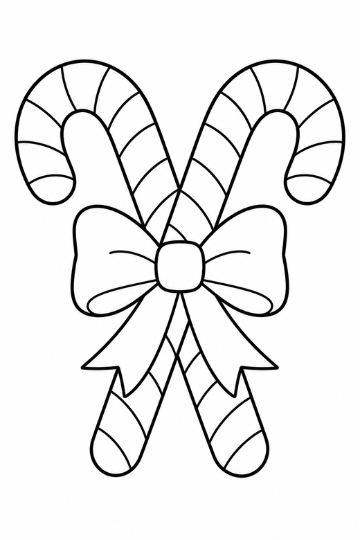 Candy cane pair: Two crossed candy canes tied with a ribbon bow, free printable coloring page