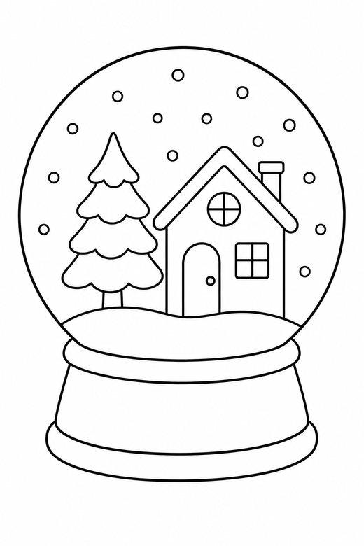 Snow globe scene: A snow globe on a base containing a small tree and a house, free printable coloring page