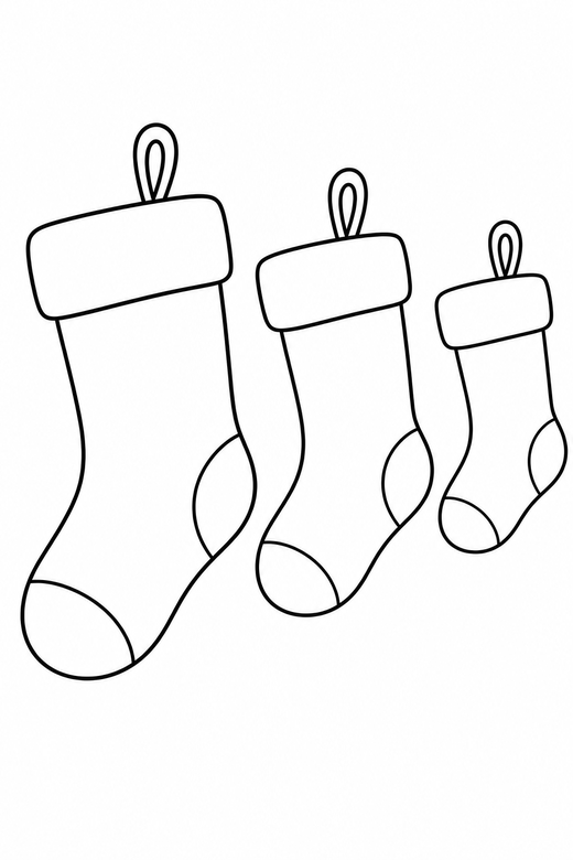 Christmas stocking trio: Three stockings of different sizes hanging in a row, free printable coloring page