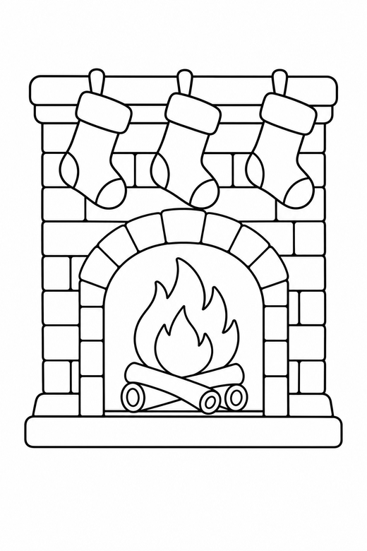 Fireplace at Christmas: A fireplace with stockings above and a fire inside, free printable coloring page