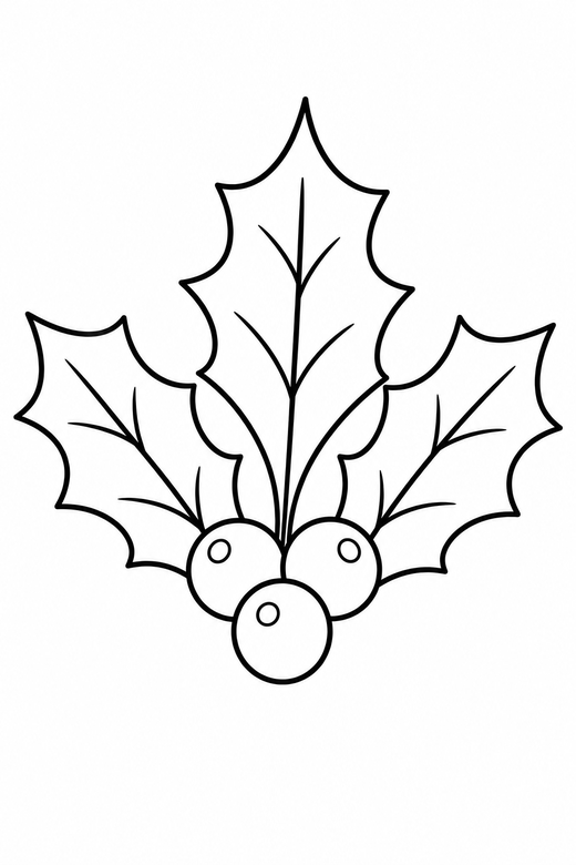 Holly and berries: A sprig of holly with pointed leaves and round berries, free printable coloring page