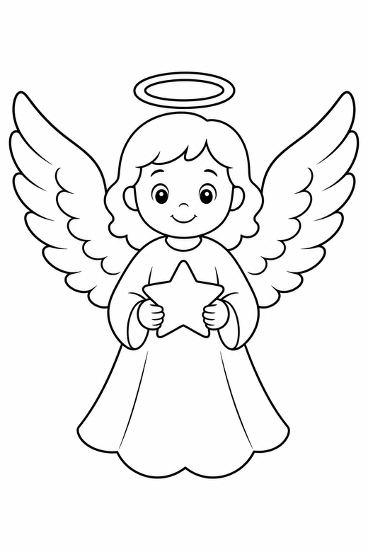 Angel with wings: An angel with spread wings holding a small star, free printable coloring page