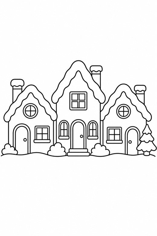 Snowy village houses: Three small houses with snow on the roofs and lit windows, free printable coloring page
