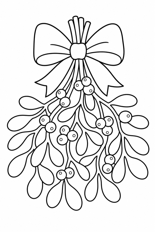 Mistletoe bunch: A bunch of mistletoe leaves and berries tied with ribbon, free printable coloring page