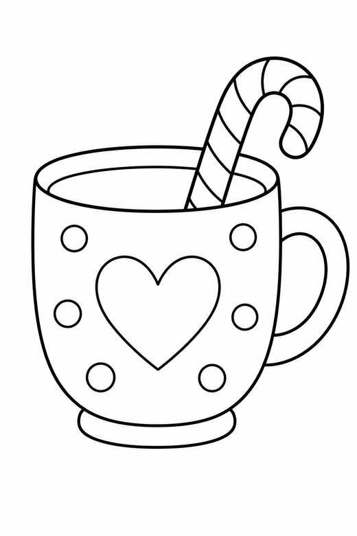 Hot cocoa and candy cane: A mug of cocoa with a candy cane resting in it, free printable coloring page