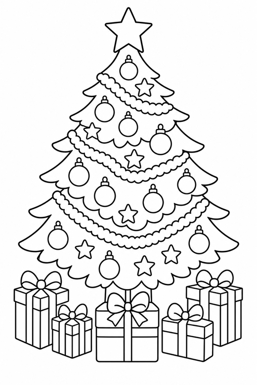 Fully decorated tree: A tree covered in baubles, tinsel and a star, presents at its base, free printable coloring page