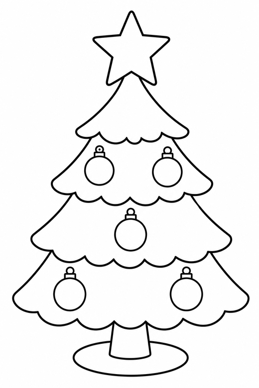 Tree with a star: A tree with a large star on top and a few round baubles, free printable coloring page
