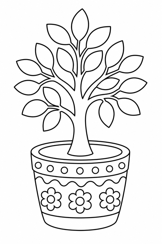 Potted Christmas tree: A small tree growing in a decorated pot, free printable coloring page