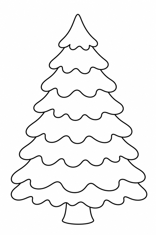 Snow-covered tree: A fir tree with snow resting on each branch tier, free printable coloring page