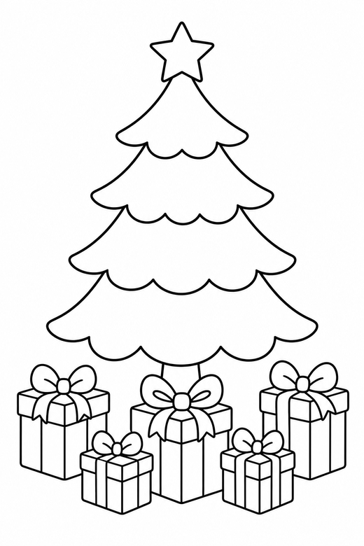Tree with wrapped gifts: A tree with five wrapped presents arranged underneath, free printable coloring page