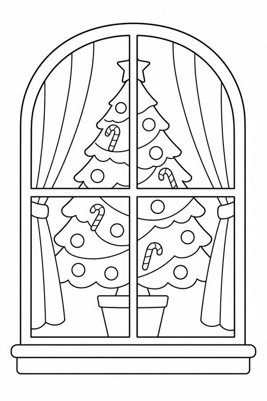Tree in a window: A decorated tree seen through a window frame, free printable coloring page