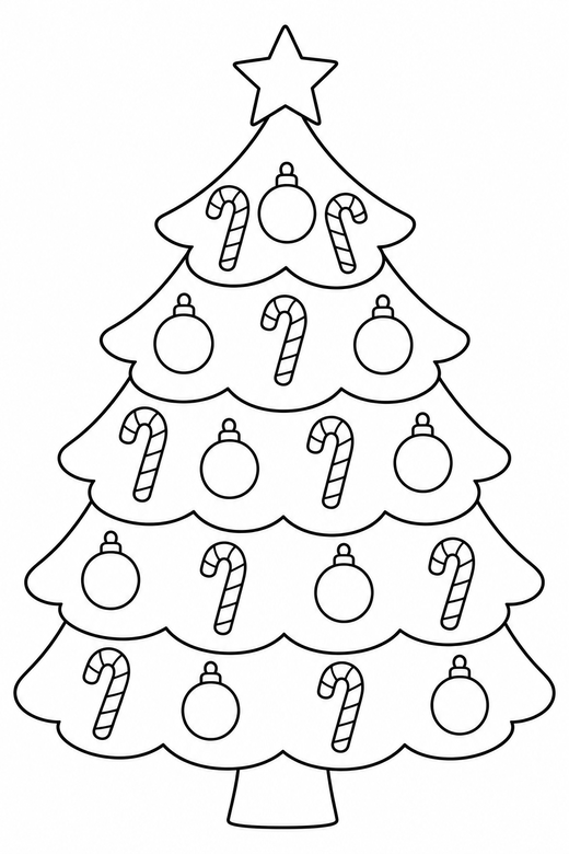 Tree with candy canes: A tree hung with candy canes and round baubles, free printable coloring page