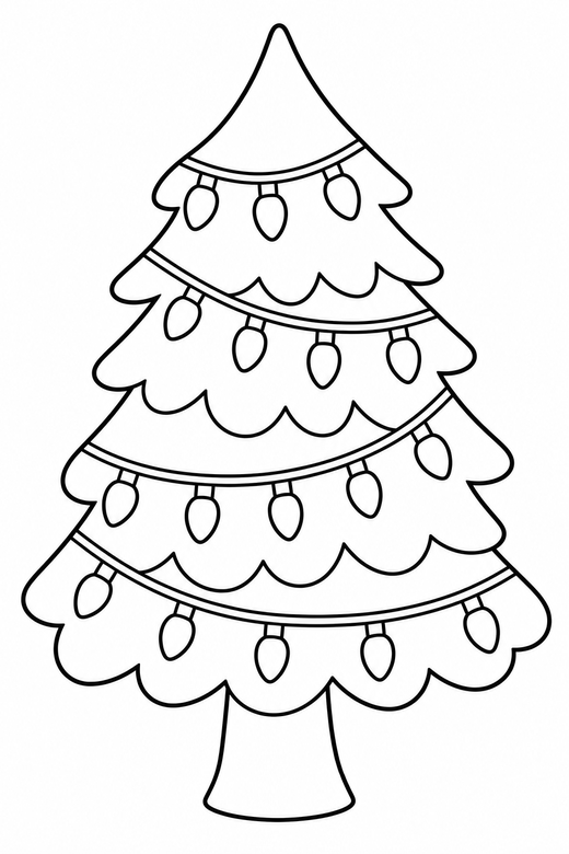 Tree with lights: A tree with a string of bulb lights looping around it, free printable coloring page