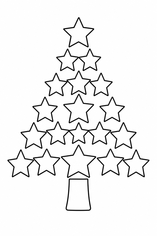 Tree made of stars: A triangular tree formed entirely from star shapes, free printable coloring page