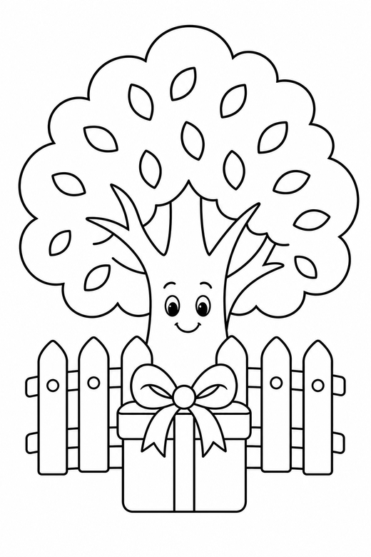 Tree with a fence: A tree behind a small decorative fence with a gift, free printable coloring page
